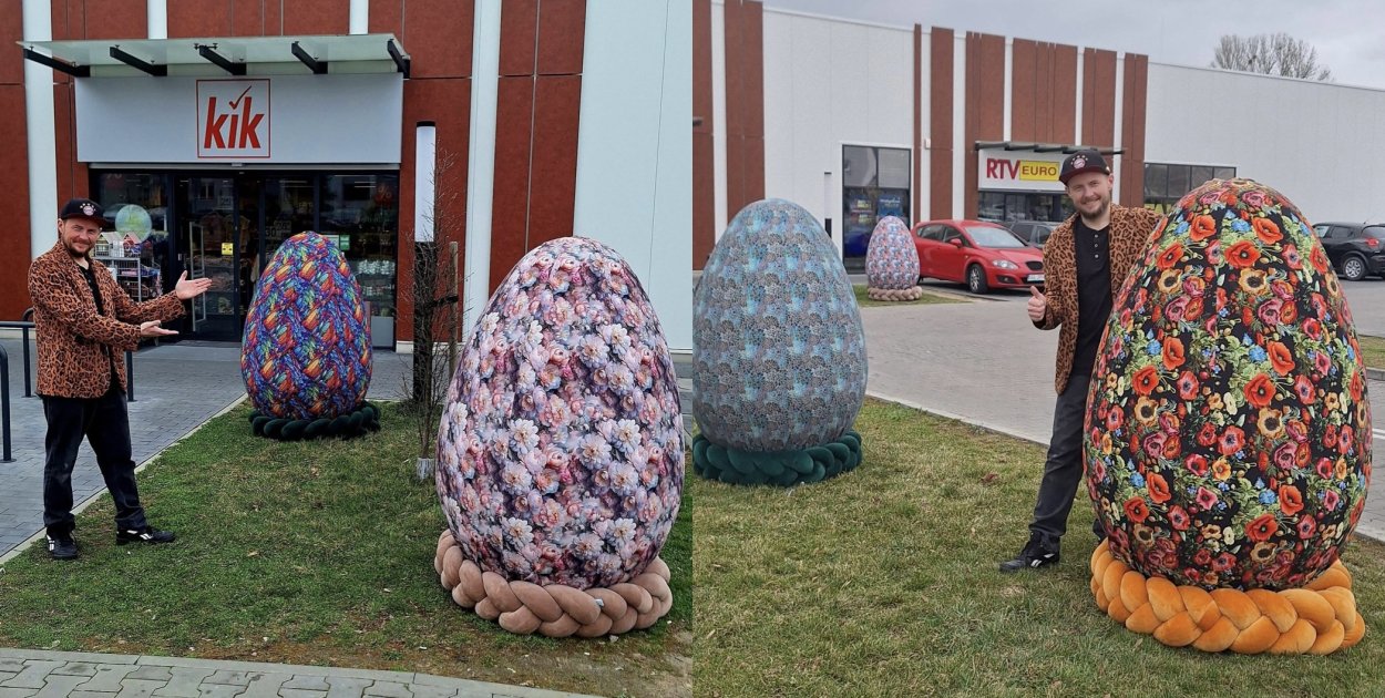 Gigantyczne jajka wielkanocne (z Bytomia) stanęły przy parku handlowym